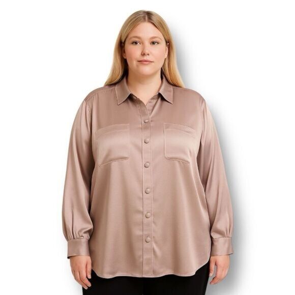 Torrid 5X Blush Pink Satin Blouse Button Up Neutral Minimal Work Career NWT - Picture 1 of 12